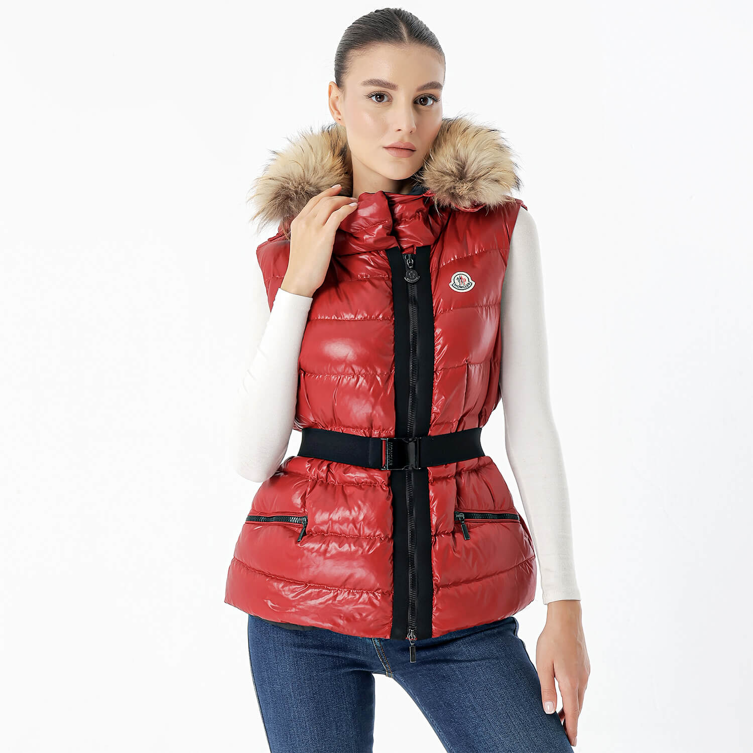 Moncler - Red Puffer & Fur Gilet Hodded Lightweight Coat